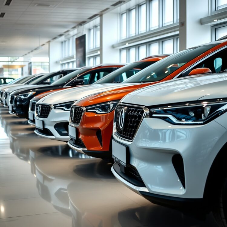 A sleek lineup of the top reliable car models from various brands, showcasing their design and elegance on a clean, modern showroom floor under soft lighting.