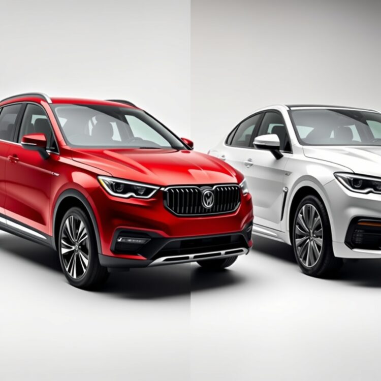 Side-by-side comparison of the most reliable car with its closest competitors, highlighting their exterior designs and features in a neutral, well-lit studio setting.