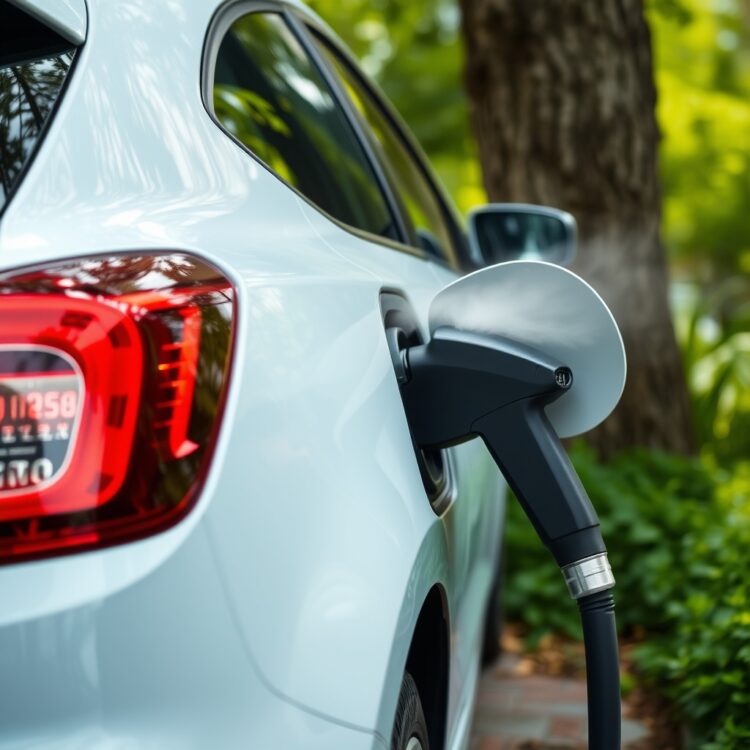 A close-up of a fuel-efficient, reliable car emitting minimal exhaust, parked in a green, eco-friendly environment, symbolizing its low environmental impact.