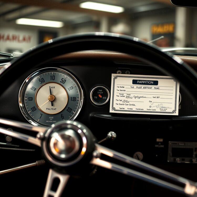 A close-up of a classic car's dashboard with the tax exemption certificate visibly placed on it, showcasing the elegance and age of the vehicle, set in a well-lit garage.