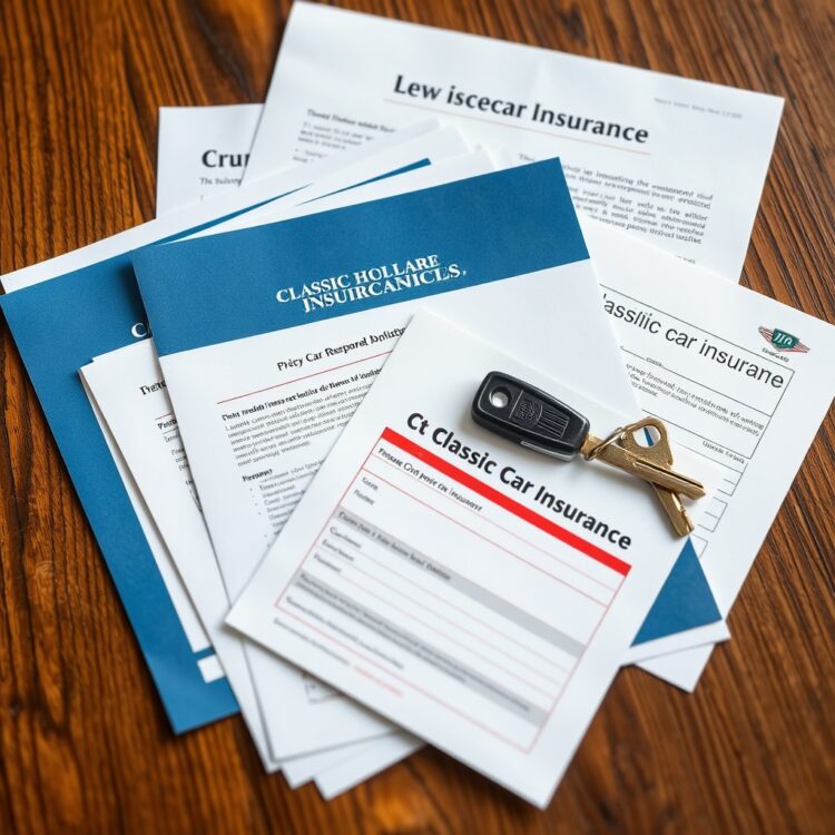 A collection of classic car insurance documents neatly arranged on a wooden table next to a vintage car key, highlighting the importance of proper coverage for classic vehicles.