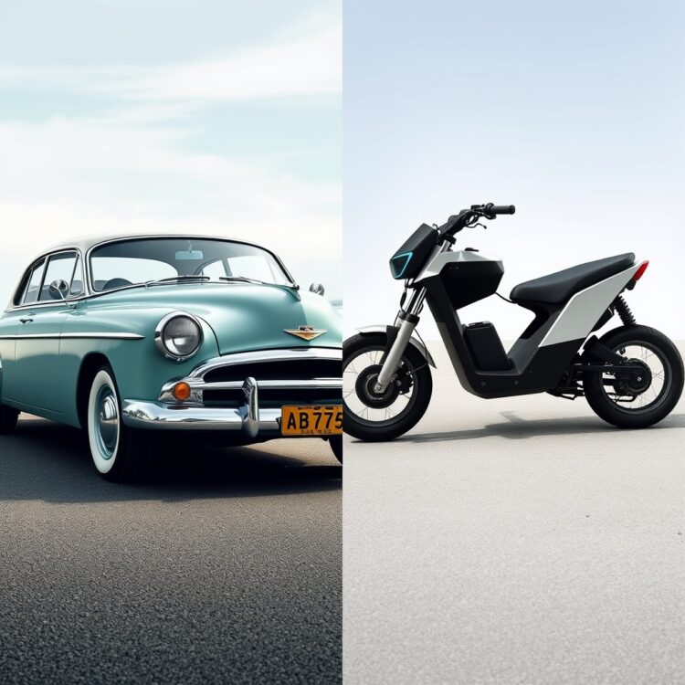 A split image showing a vintage car on the left and a modern electric vehicle on the right, symbolizing the debate over the future of classic cars in an environmentally conscious world.