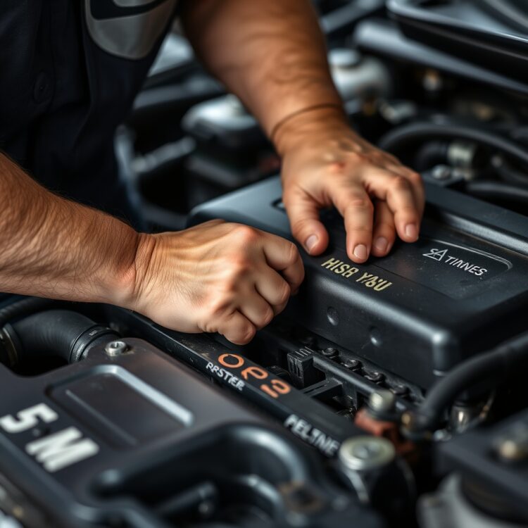 A close-up of a mechanic's hands performing maintenance on a car engine, highlighting the importance of regular upkeep for high-mileage cars.