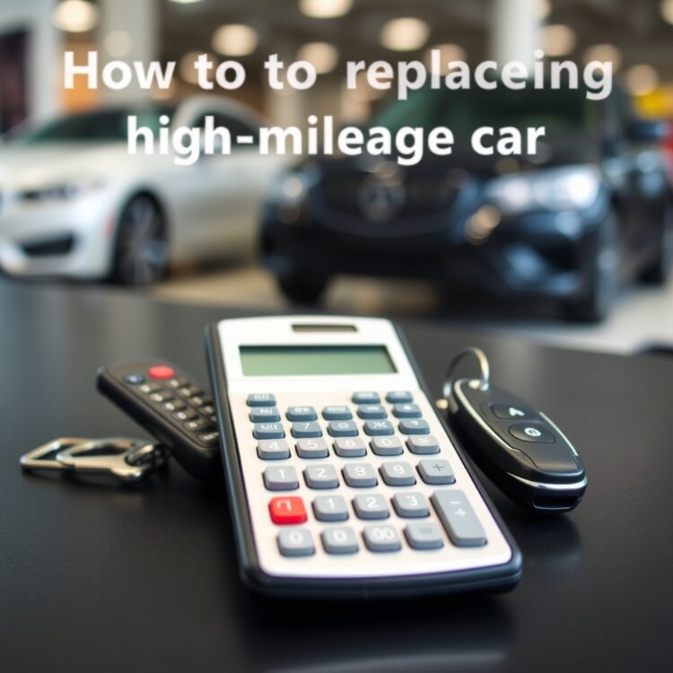 A financial calculator and car keys on a desk with a blurred background of a car dealership, representing the financial considerations of replacing a high-mileage car.