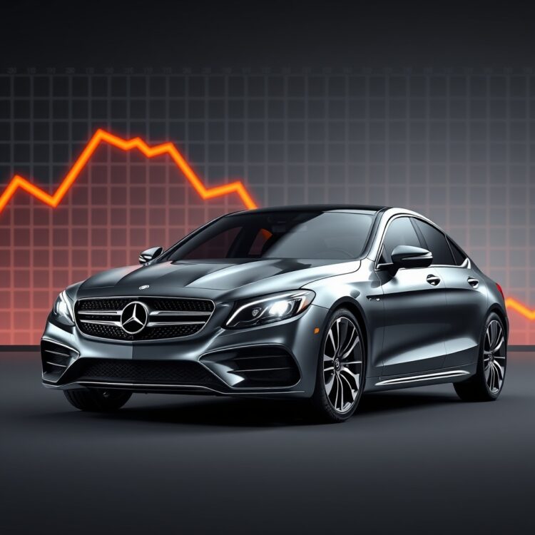 A sleek, modern car losing value over time depicted with a downward trending graph in the background, symbolizing depreciation.