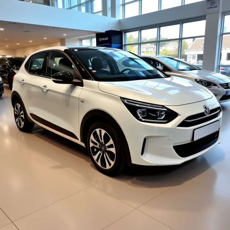 A professional stock photo of a sleek, modern 1.6L car parked in a showroom, highlighting its design and appeal to first-time drivers.