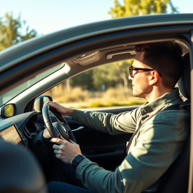 A professional stock photo of a person test driving a 1.6L car on a sunny day, focusing on the driving experience and car handling.