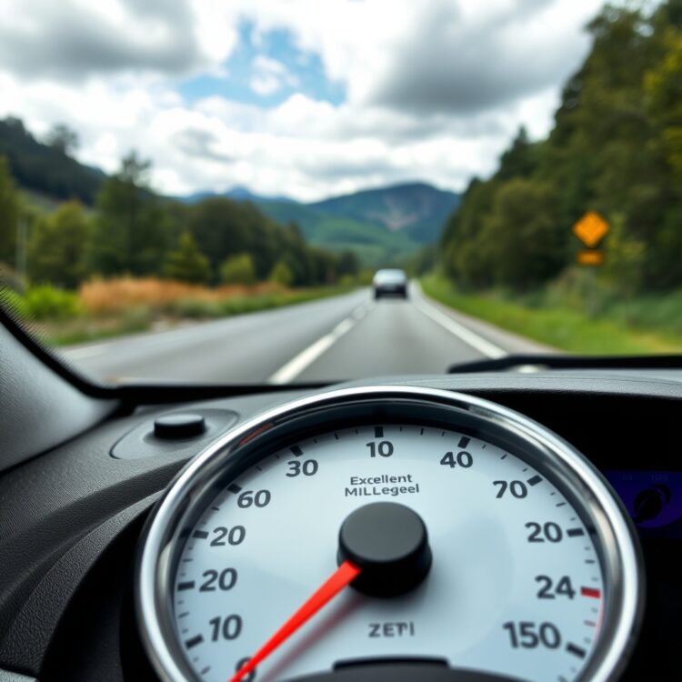 A close-up of a fuel gauge showing excellent mileage, with a 1.0 car in the background on a quiet, scenic road.