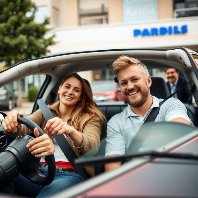 A happy couple test driving a compact 1.0 car in an urban setting, with the dealer in the background smiling.