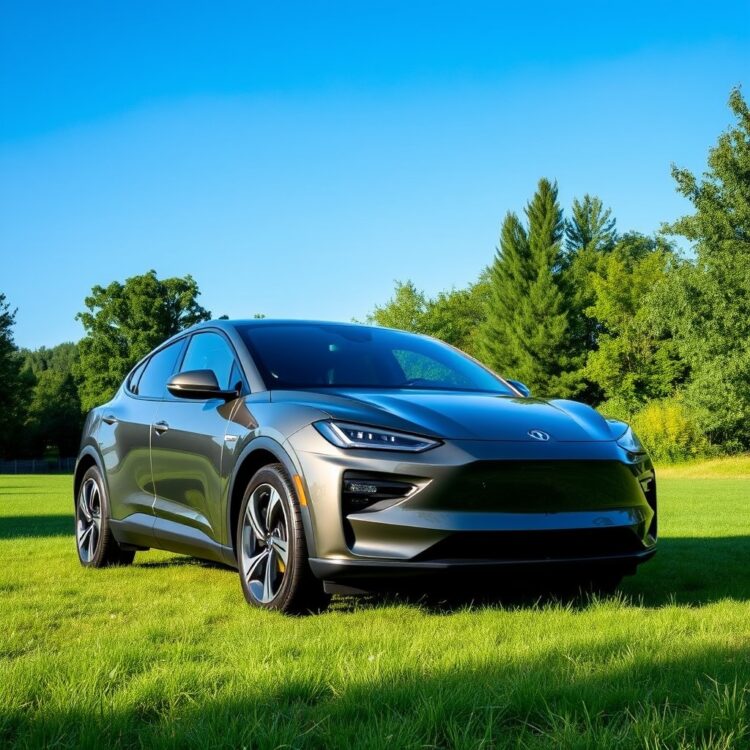 A sleek, modern electric vehicle parked in a serene, green environment, symbolizing the joy and environmental satisfaction of EV ownership.