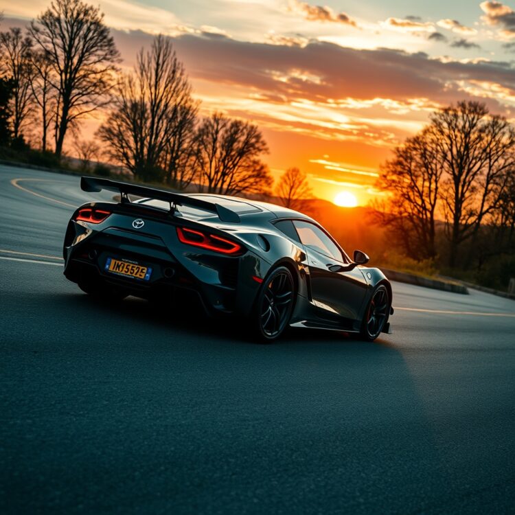 A high-performance sports car on a winding road at sunset, capturing the thrill and happiness of driving a performance vehicle.