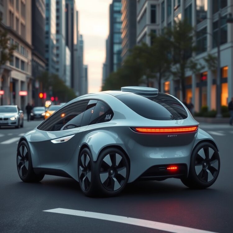 A futuristic autonomous vehicle concept on a city street, highlighting emerging technologies that promise to increase driving happiness in the future.