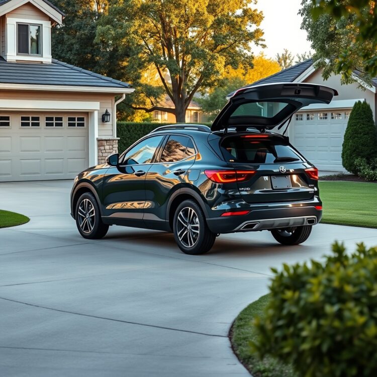 A stylish and compact SUV parked in a suburban driveway, showcasing its modern design and safety features under soft daylight.