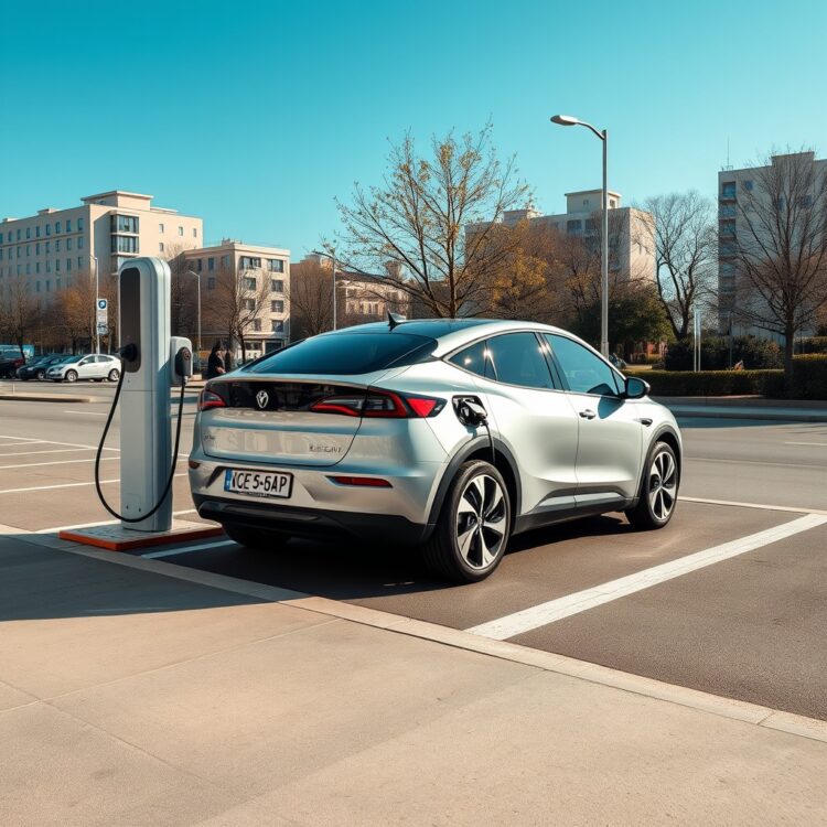 An electric car charging at a station in a clean, urban environment, highlighting its eco-friendly aspect with a clear blue sky in the background.
