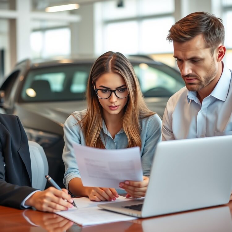 A young woman reviewing car financing documents with a professional advisor at a dealership, both looking at a laptop screen with serious expressions.
