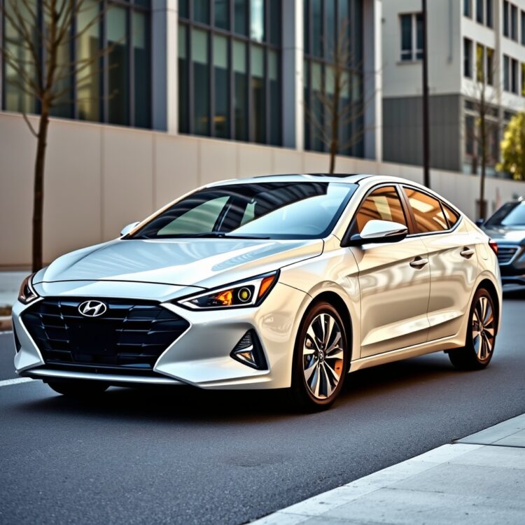 A sleek 2025 Hyundai Elantra parked in an urban setting, showcasing its modern design and comfort features under natural daylight.