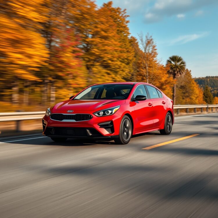 A dynamic 2024 Kia Forte in motion on a scenic highway, highlighting its new features and design against a backdrop of autumn foliage.