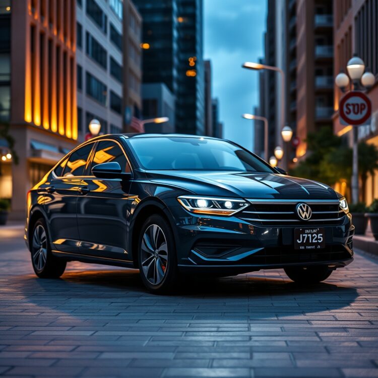 A sophisticated 2025 Volkswagen Jetta parked in a high-end urban district, emphasizing its German engineering and technology features under evening lights.