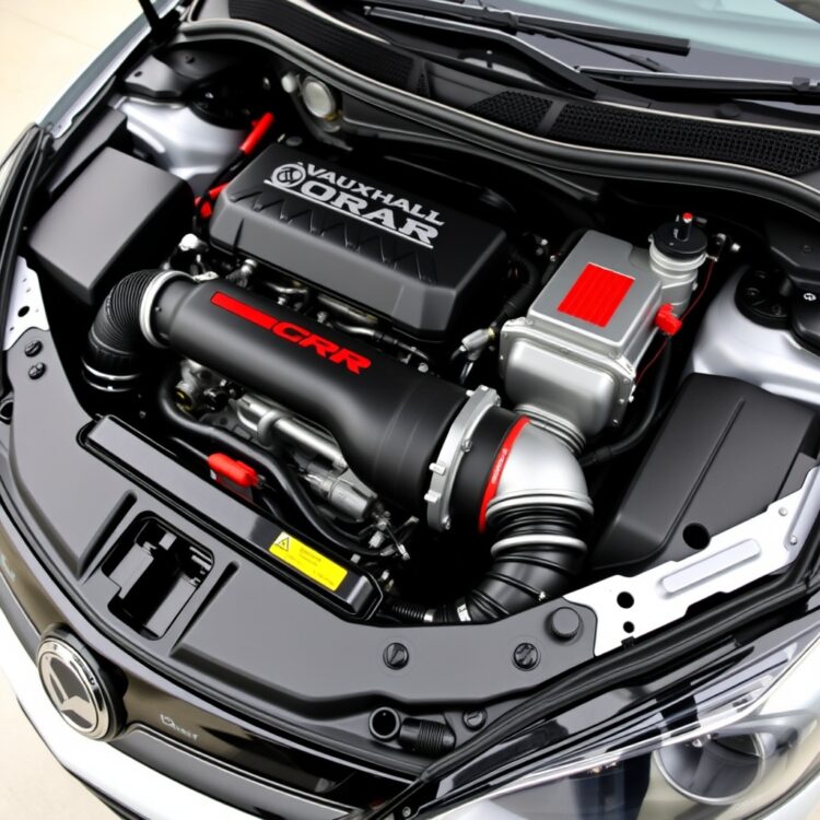 A high-resolution, professional stock photo of a Vauxhall Corsa VXR engine bay, focusing on the turbocharger and cylinder head, showcasing the engineering and performance aspects.