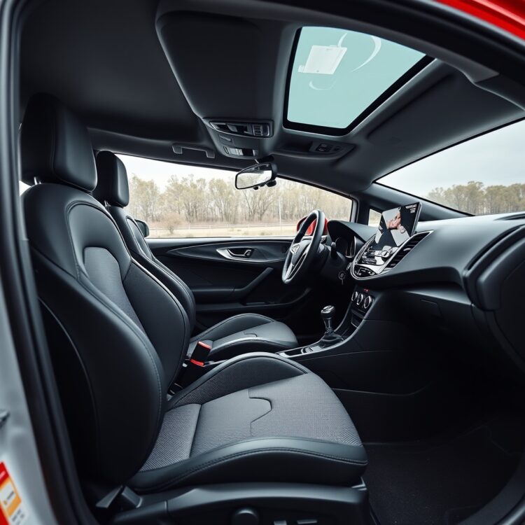 A professional stock photo of the interior of a Vauxhall Corsa VXR, highlighting the driver-focused cockpit, sports seats, and infotainment system in a sleek, modern design.