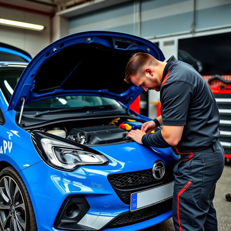 A detailed, professional stock photo of a mechanic performing routine maintenance on a Vauxhall Corsa VXR, emphasizing the importance of upkeep for performance and longevity.