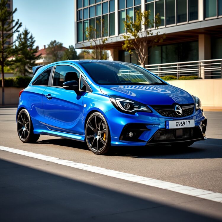 A sleek, blue Corsa VXR parked in an urban setting, showcasing its special edition design features under natural daylight.