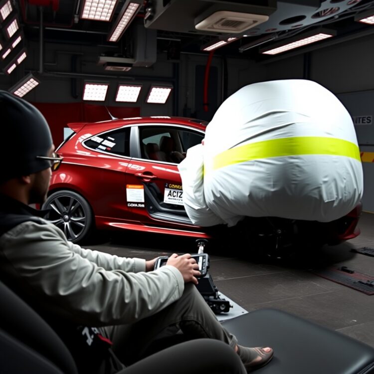A Corsa VXR undergoing a safety test, with focus on its advanced braking system and airbag deployment in a controlled environment.