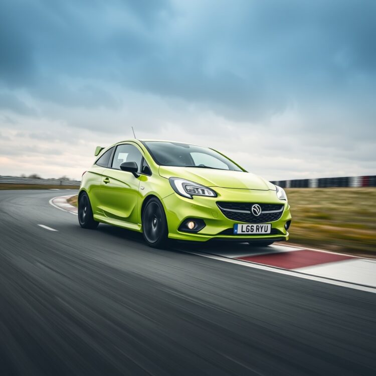 A dynamic shot of a Vauxhall Corsa VXR accelerating on a racetrack, showcasing its speed and agility without any text.
