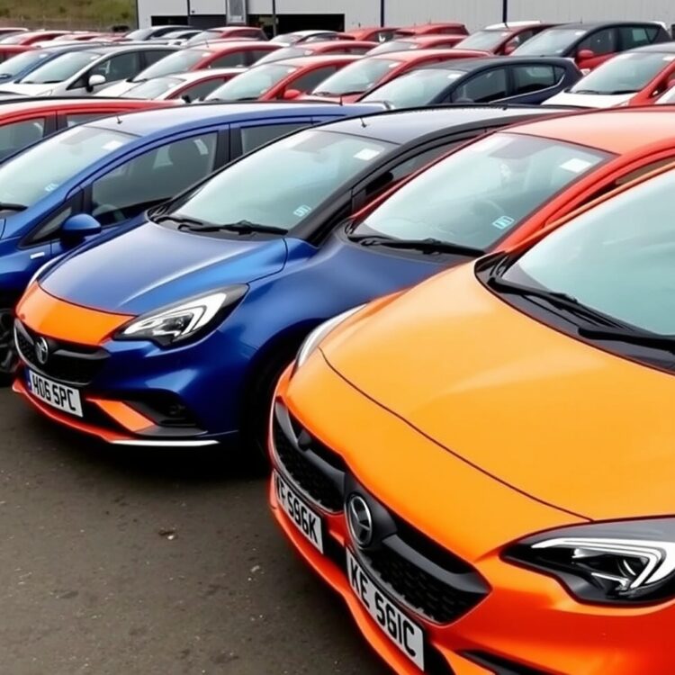 A lineup of used Vauxhall Corsa VXR models in various colors, parked side by side, emphasizing their condition and appeal, no text.