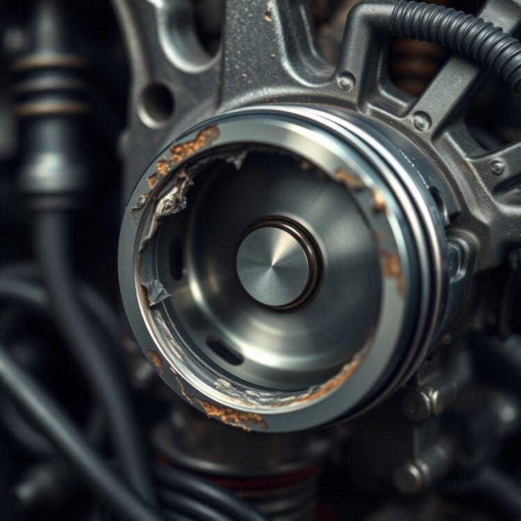 A close-up of a damaged piston in an engine, highlighting wear and tear under studio lighting.