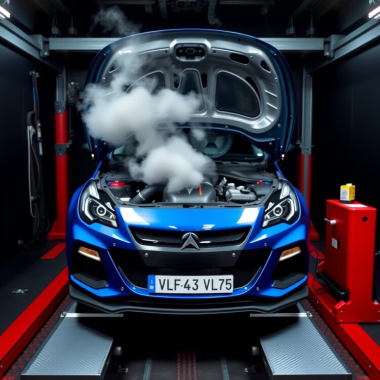 A Corsa VXR on a dynamometer, with smoke coming from the engine bay, indicating performance testing under stress.