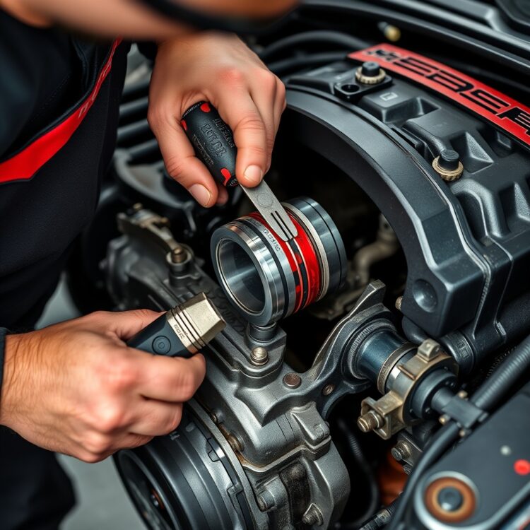 A mechanic performing maintenance on a Corsa VXR engine, focusing on the piston area with tools in hand.