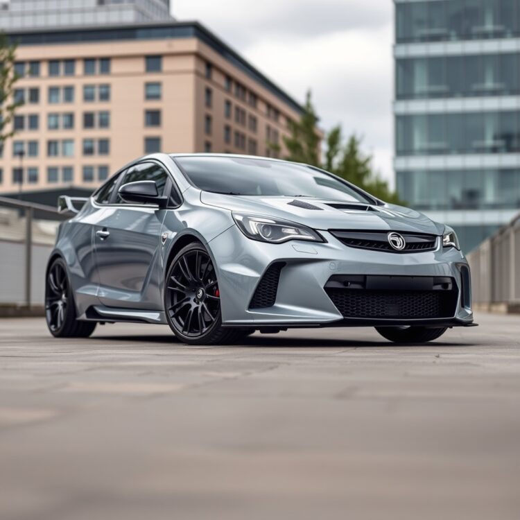 A sleek Vauxhall VXR model parked in an urban setting, highlighting its aggressive styling and performance-oriented design.