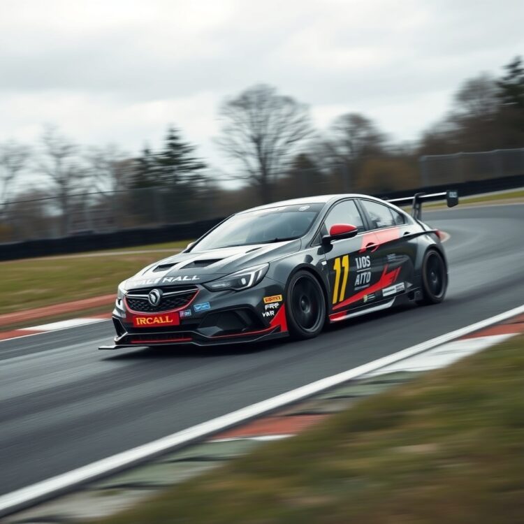 A Vauxhall VXR racing car in action on a circuit, capturing the intensity and speed of its motorsport heritage.