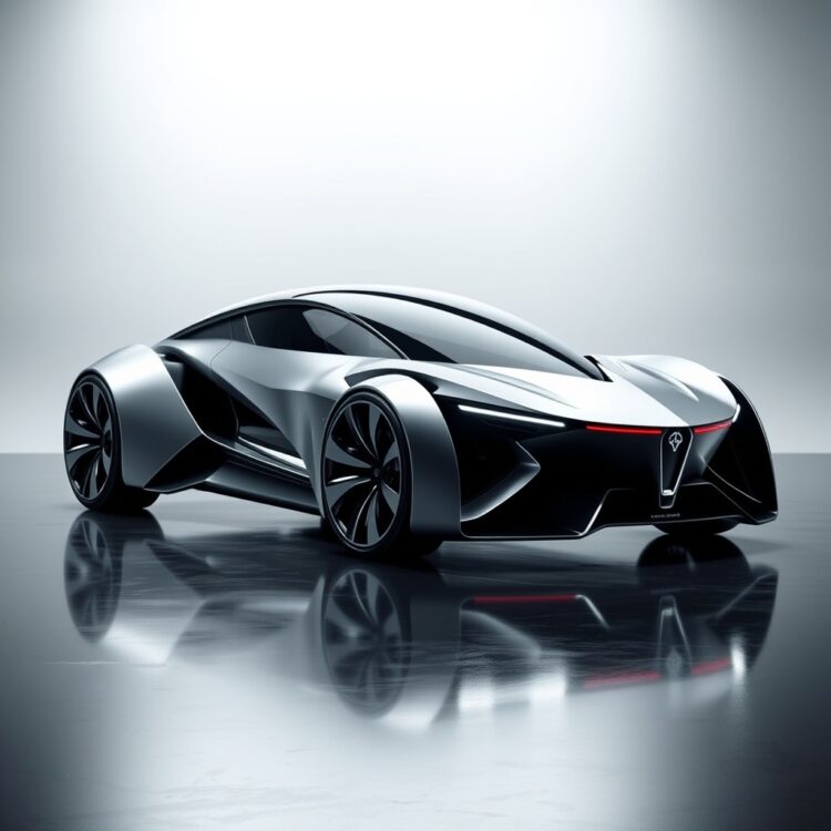 A futuristic concept car representing the potential future of VXR, with sleek lines and advanced technology, under studio lighting.