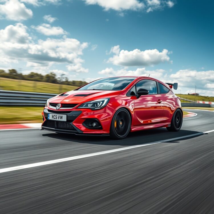 A dynamic shot of a Corsa VXR speeding on a racetrack, showcasing its acceleration and handling capabilities.