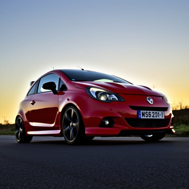 A sleek, red Vauxhall Corsa VXR (2007-2014 model) parked on a quiet road during sunset, highlighting its sporty design and aggressive stance.
