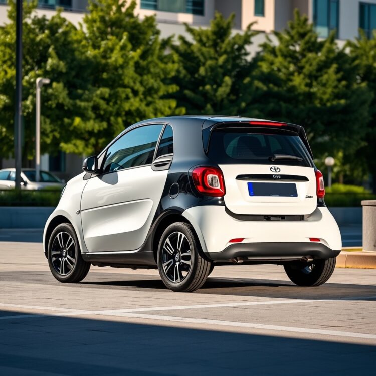 A sleek, modern compact car parked in an urban setting, highlighting its front and rear design features under natural daylight.