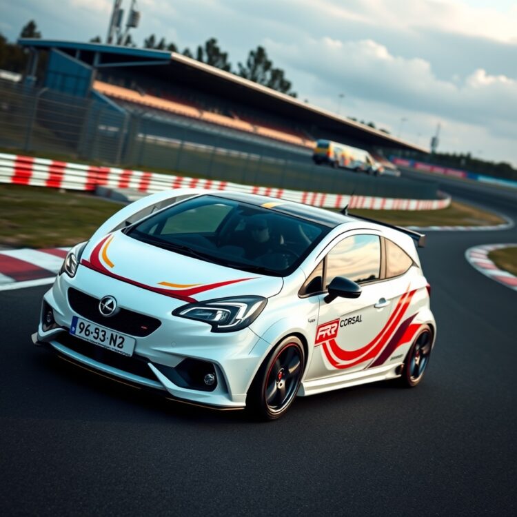 A Vauxhall Corsa VXR Nürburgring Edition in a dynamic pose on a racetrack, emphasizing its unique livery and aerodynamic enhancements.