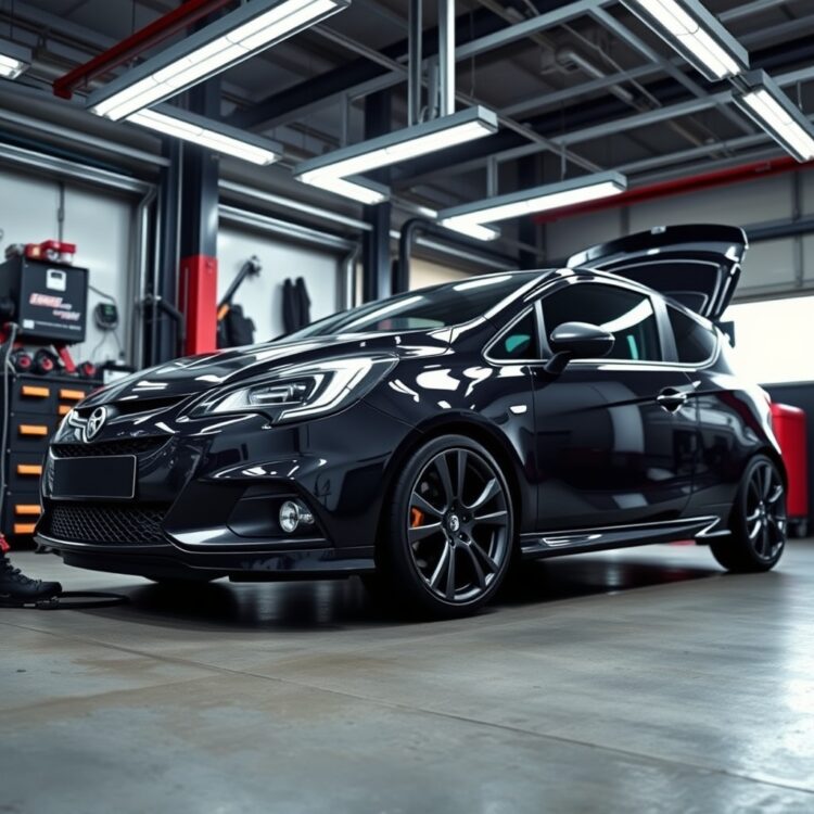 A high-quality stock photo of a Vauxhall Corsa VXR undergoing a professional mechanical inspection in a well-lit garage.
