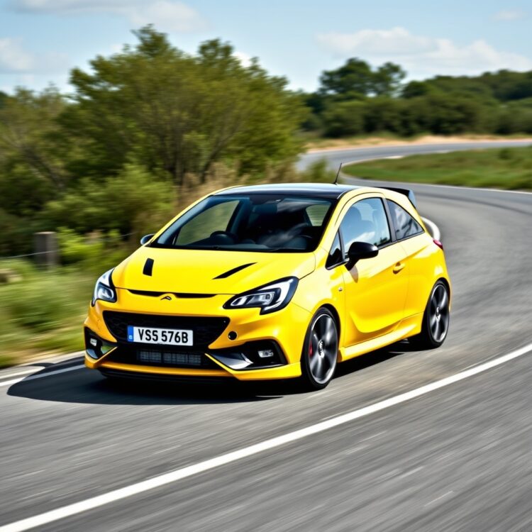 A dynamic stock photo of a Vauxhall Corsa VXR navigating a winding road, showcasing its handling and driving dynamics.