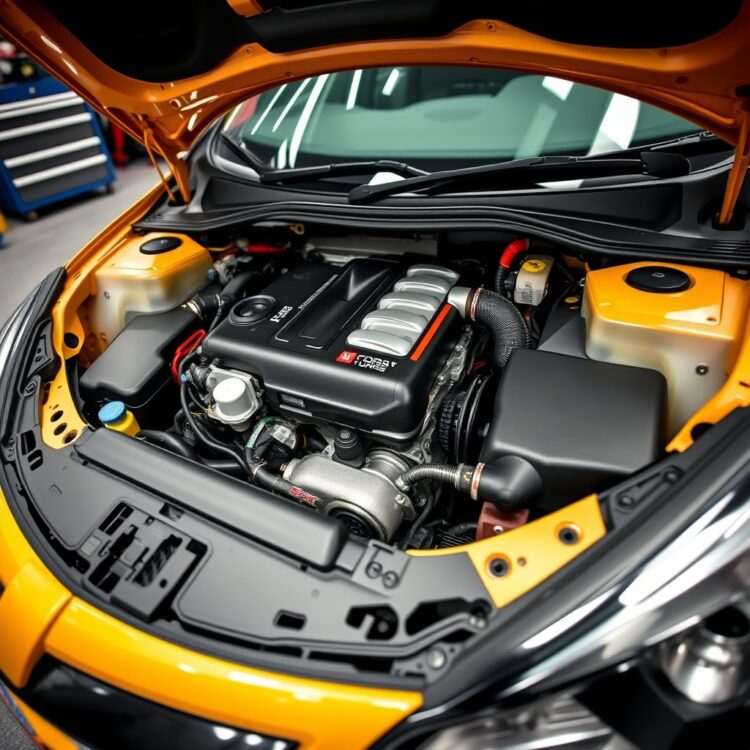 Close-up of a Corsa VXR's engine bay, highlighting the turbocharged 1.6T engine with detailed components visible, set in a professional garage environment.