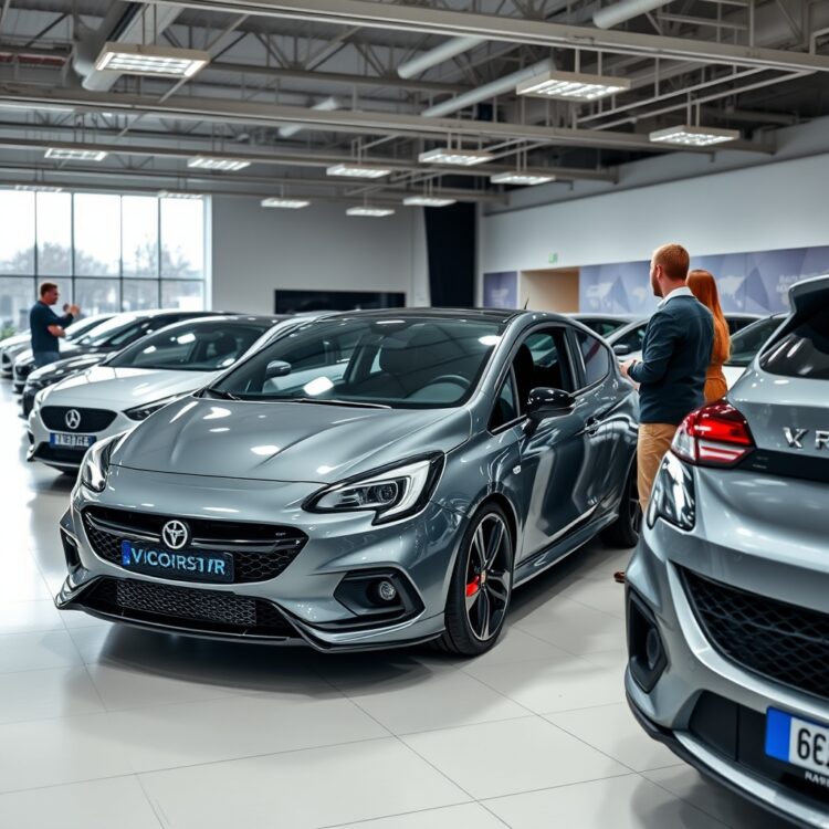 A bustling car dealership showroom featuring a Corsa VXR among other vehicles, with a salesperson and potential buyers in discussion, under bright showroom lights.