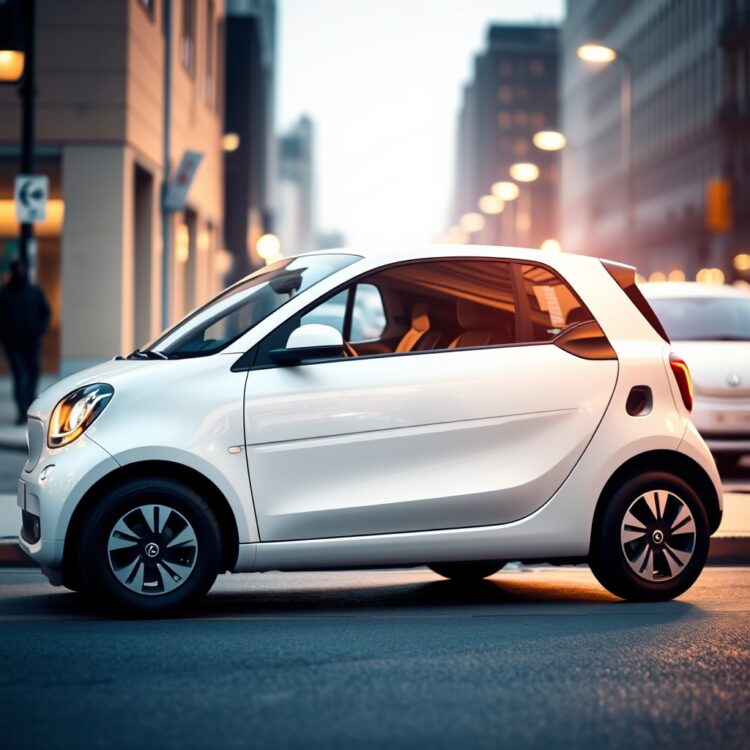 A sleek, modern compact car parked in a well-lit urban setting, highlighting its safety features and beginner-friendly design.