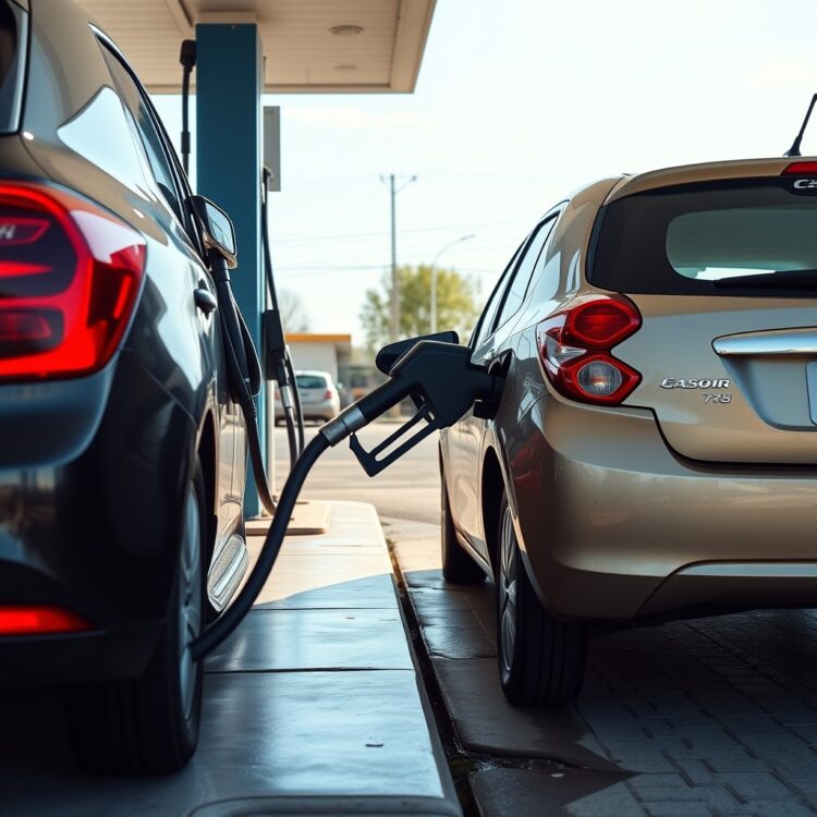 A high-quality stock image of a small car being refueled at a gas station, with a focus on the fuel efficiency aspect, set in a bright, sunny day to emphasize environmental consciousness.