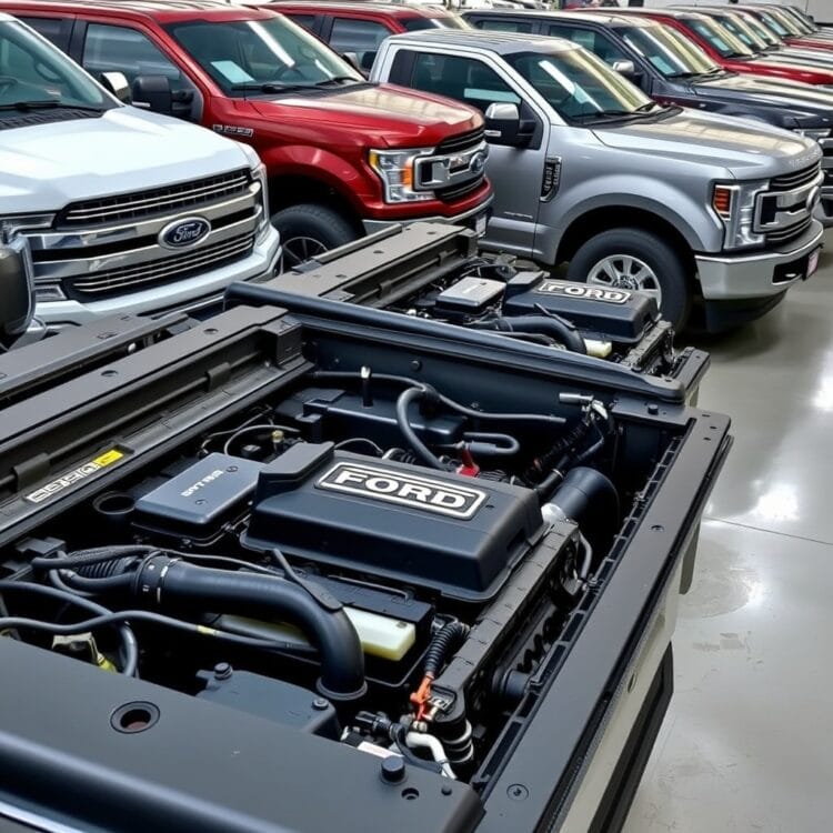 A high-quality, professional stock photo featuring a lineup of Ford F-Series trucks showcasing their engine options, including gasoline and diesel models, with a focus on their power and performance capabilities.