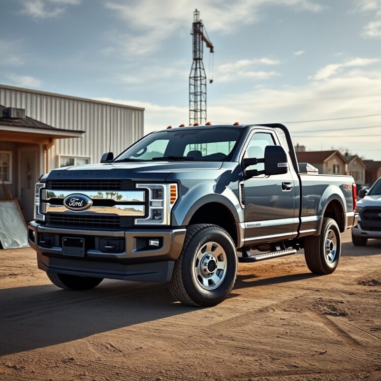 A professional stock photo of a Ford F-Series truck in a commercial setting, such as a construction site or small business, highlighting its utility and reliability for work purposes.