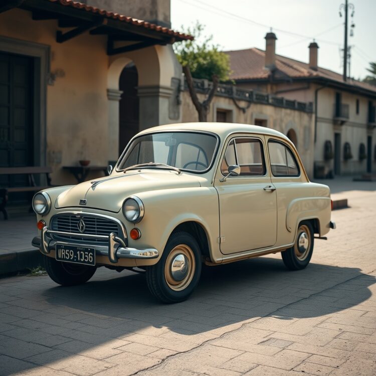 A vintage car parked in a historical setting, showcasing its simple yet iconic design, under soft daylight to highlight its affordability and historical significance.