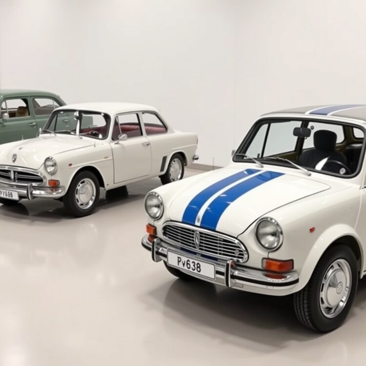 Side-by-side comparison of vintage and modern budget cars in a showroom setting, focusing on design and feature evolution, with neutral lighting for a professional look.