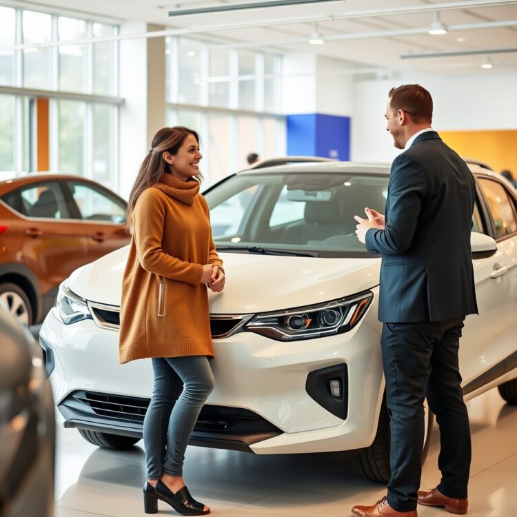 A modern affordable car displayed in a dealership with a happy customer and a salesperson discussing features, emphasizing accessibility and value in a bright, inviting atmosphere.